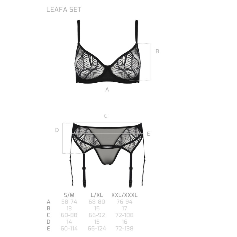 Комплект Passion LEAFA SET black, XXL/XXXL, кружево+сетка, бюстгальтер на косточках, стринги, пояс для чулок