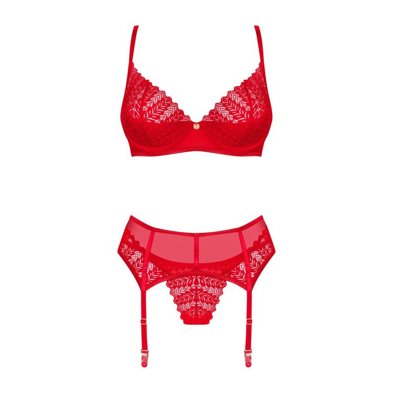 Комплект Obsessive Ingridia 3-pcs set XS/S, красный, бюстгальтер, стринги, пояс