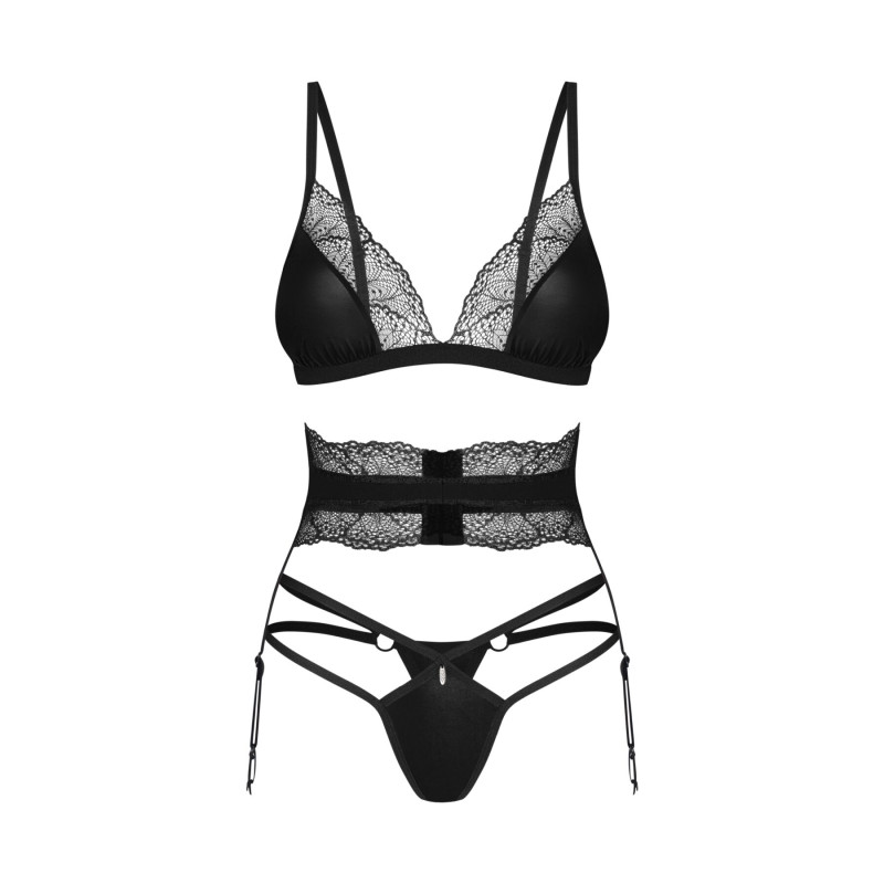 Комплект Obsessive Lobellis 3-pcs set, XL/2XL, черный, лиф с мягкой чашкой, стринги, пояс для чулок
