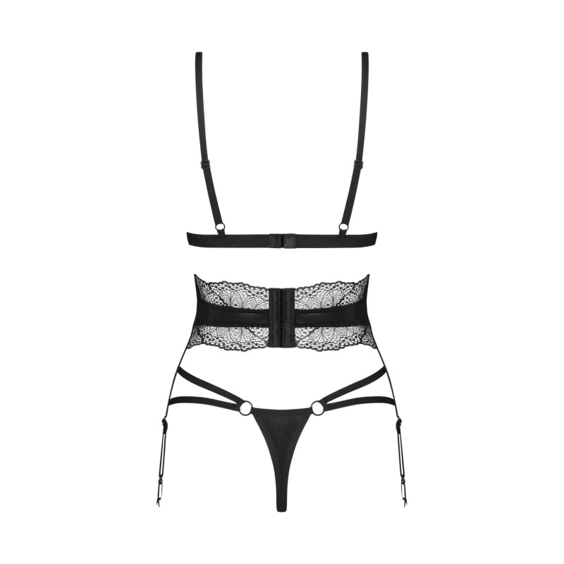 Комплект Obsessive Lobellis 3-pcs set, XL/2XL, черный, лиф с мягкой чашкой, стринги, пояс для чулок