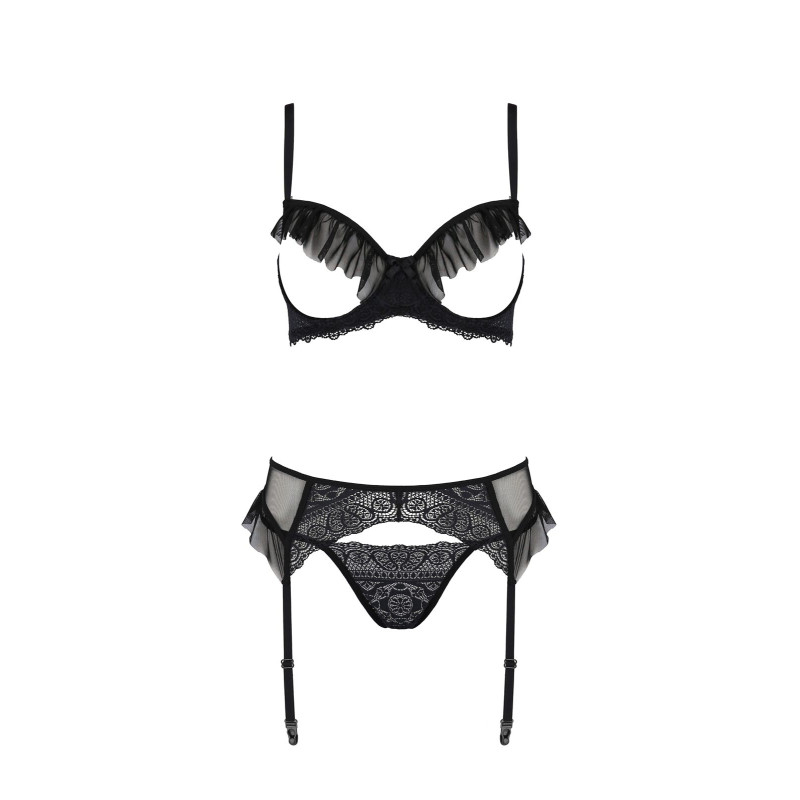 Комплект Passion KERRIA SET WITH OPEN BRA black, L/XL, бюстгальтер с открытой чашкой, стринги, пояс для чулок
