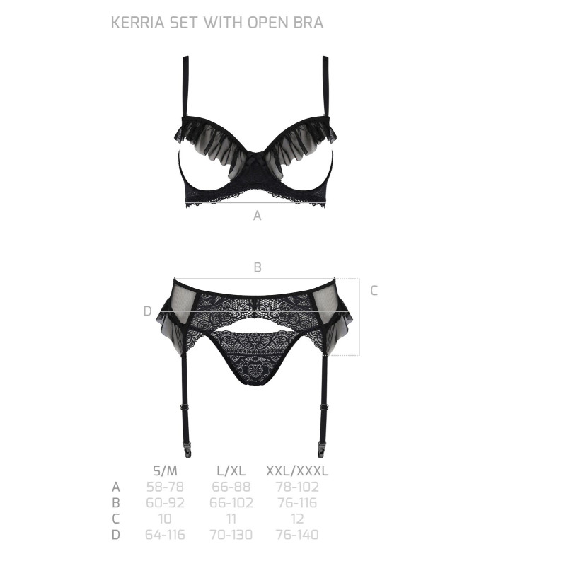 Комплект Passion KERRIA SET WITH OPEN BRA black, L/XL, бюстгальтер с открытой чашкой, стринги, пояс для чулок