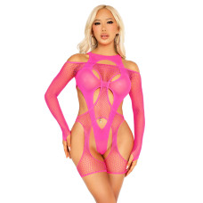 Комплект Leg Avenue Fishnet Garter Harness and Teddy One Size Neon Pink