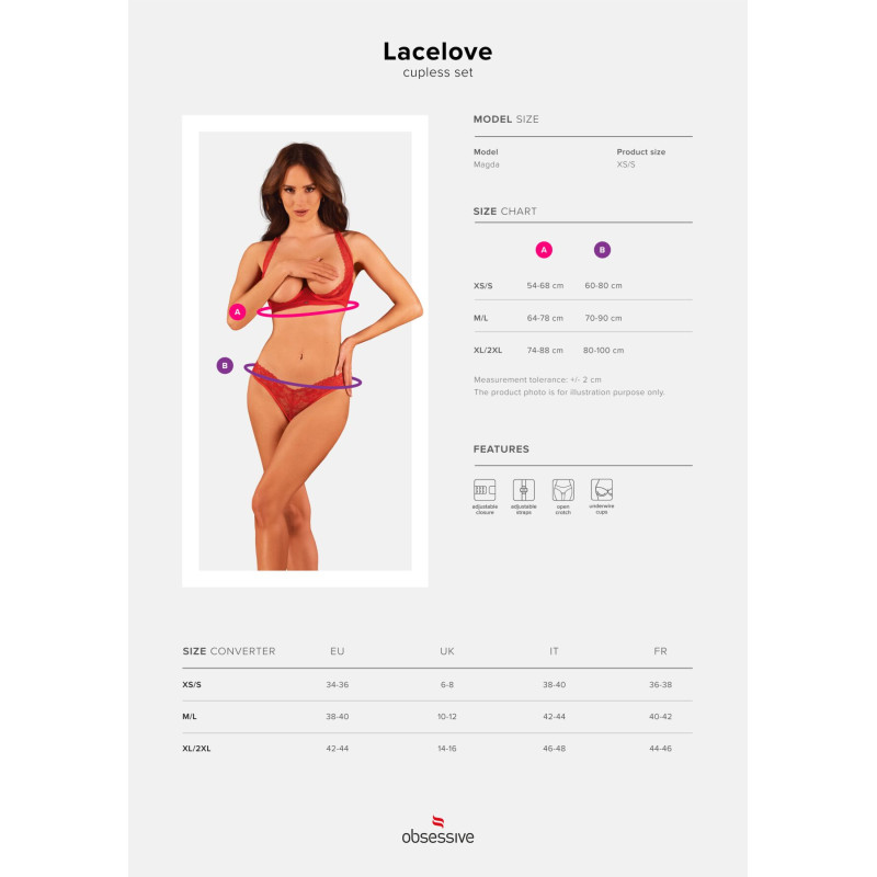 Obsessive Lacelove cupless 2-pcs set червоний XS/S