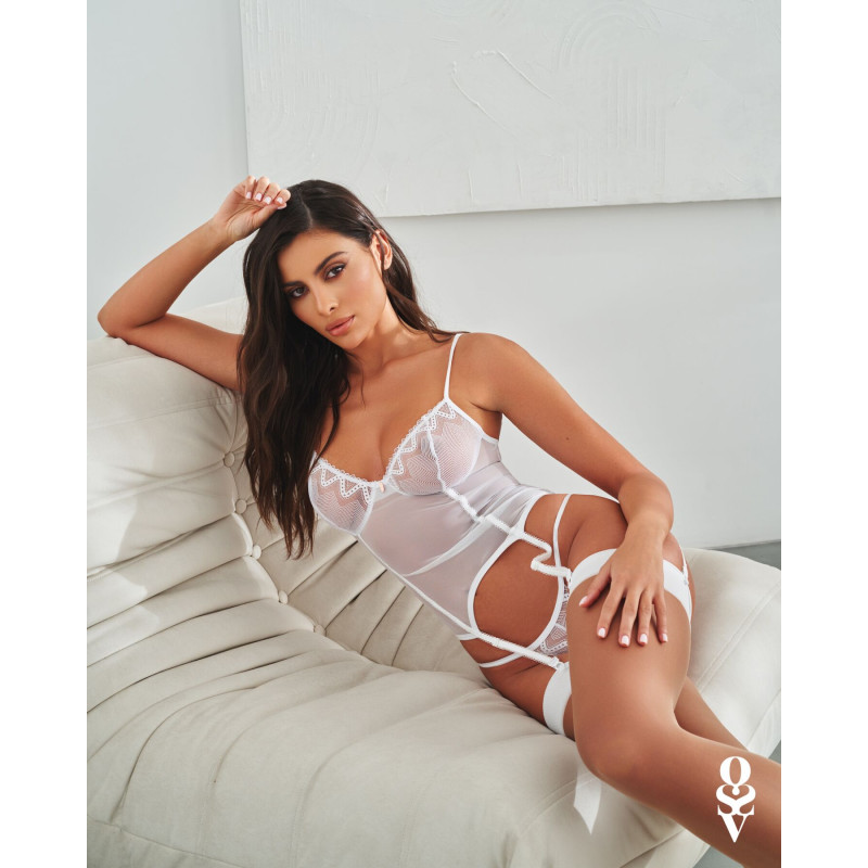 Корсет Obsessive Alissium corset & thong, XL/2XL, гибкие косточки, открытая спина, стринги в комплек