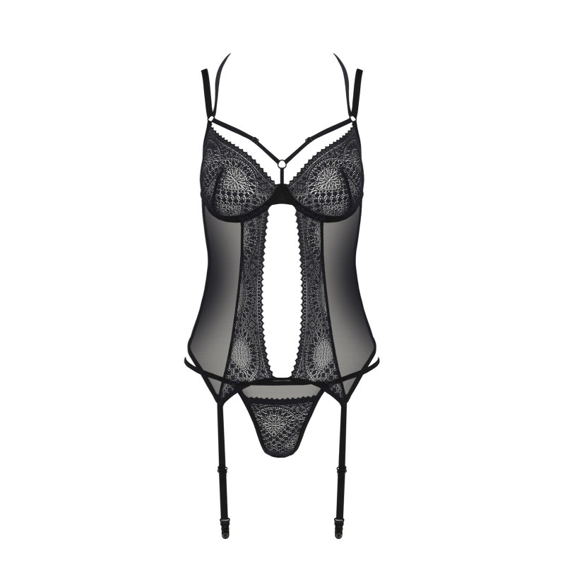 Корсет Passion DROSERA CORSET black, XXL/XXXL, с креплениями для чулок, трусики в комплекте