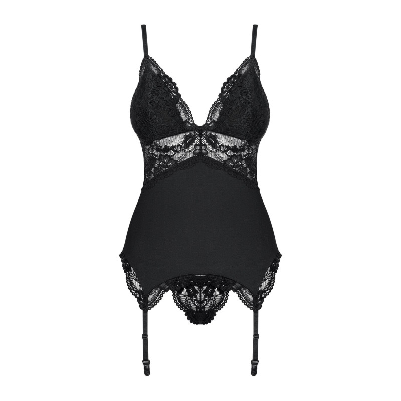 Сатиновий мереживний корсет Obsessive 810-COR-1 babydoll & thong корсет, танга, чорний S/M