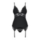 Сатиновий мереживний корсет Obsessive 810-COR-1 babydoll & thong корсет, танга, чорний S/M