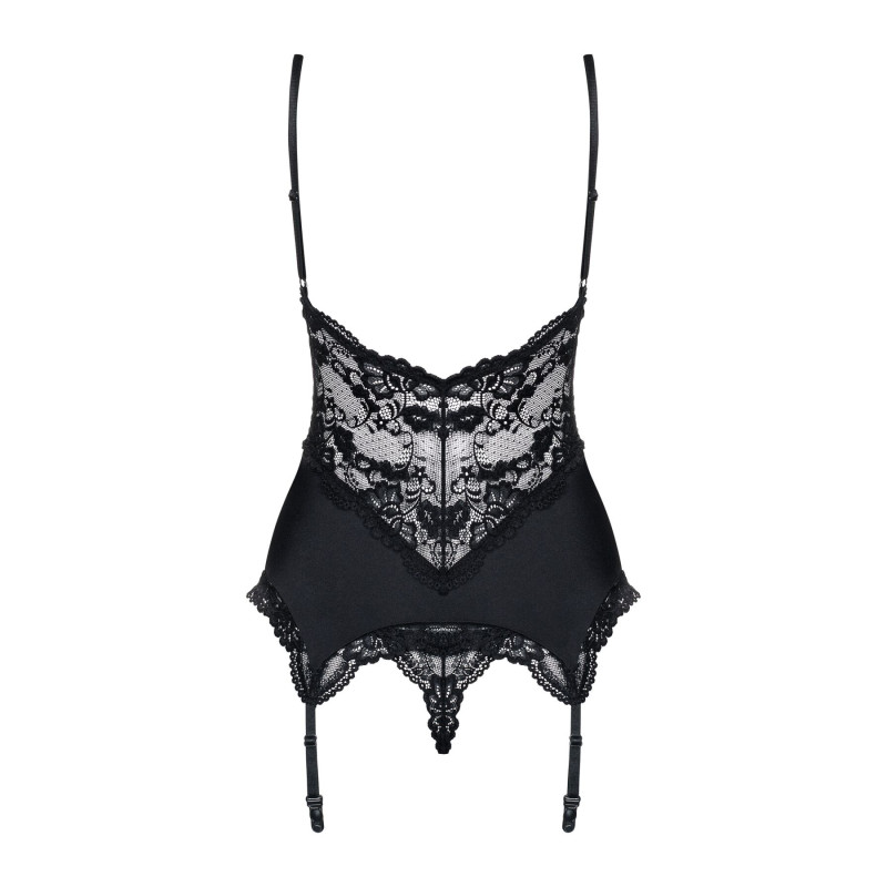 Сатиновий мереживний корсет Obsessive 810-COR-1 babydoll & thong корсет, танга, чорний S/M