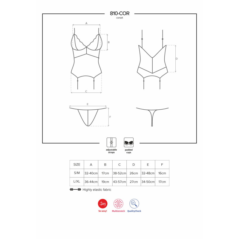 Сатиновий мереживний корсет Obsessive 810-COR-1 babydoll & thong корсет, танга, чорний S/M