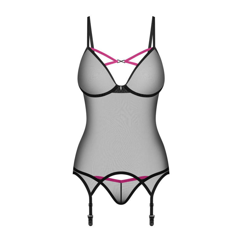 Корсет Obsessive Novenes corset & thong, M/L, прозрачный, открытая спина, стринги в комплекте