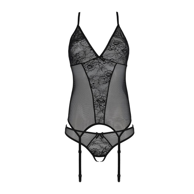 Корсет із пажами, трусики з ажурним декором та відкритим кроком Passion Ursula Corset black XXL/XXXL
