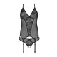 Корсет із пажами, трусики з ажурним декором та відкритим кроком Passion Ursula Corset black XXL/XXXL