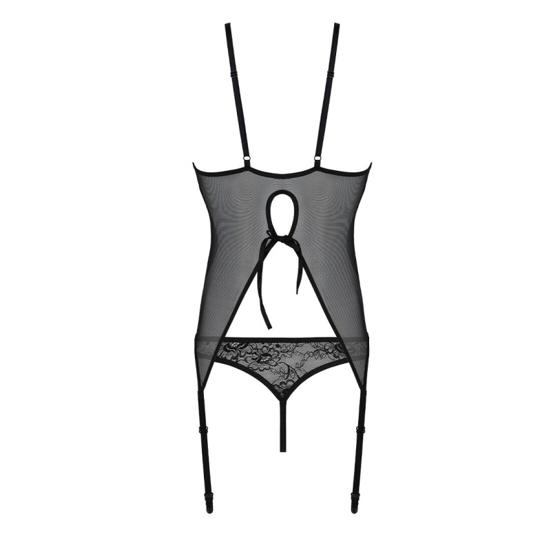 Корсет із пажами, трусики з ажурним декором та відкритим кроком Passion Ursula Corset black XXL/XXXL