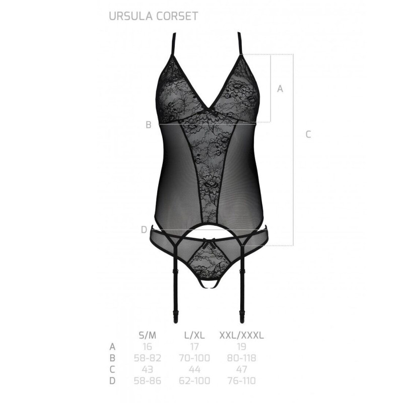 Корсет із пажами, трусики з ажурним декором та відкритим кроком Passion Ursula Corset black XXL/XXXL