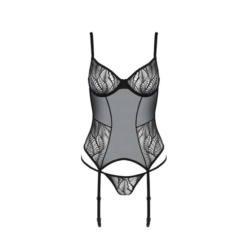 Корсет Passion LEAFA CORSET black S/M, мягкие чашки, зажимы для чулок, стринги в комплекте