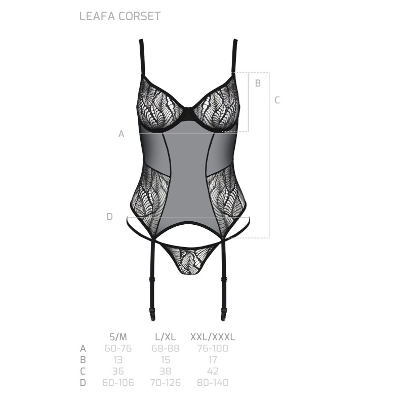 Корсет Passion LEAFA CORSET black S/M, мягкие чашки, зажимы для чулок, стринги в комплекте