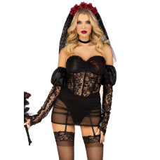 Эротический костюм черной невесты Leg Avenue Heartbreak Bride L, боди, рукава, вуаль, чокер