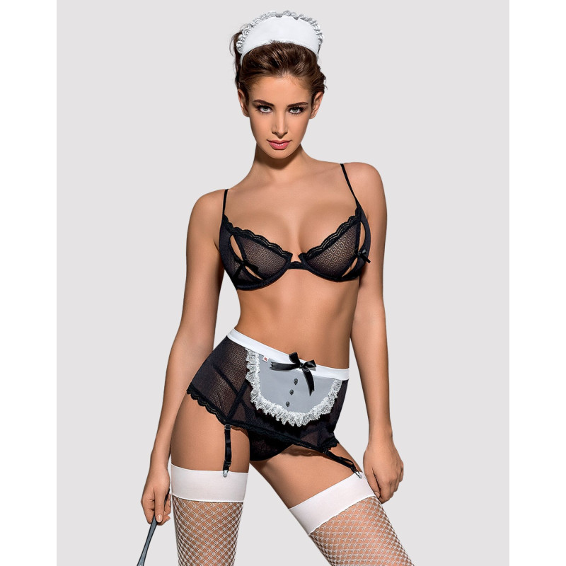 Эротический костюм горничной Obsessive Maidme set 5pcs черно-белый S/M