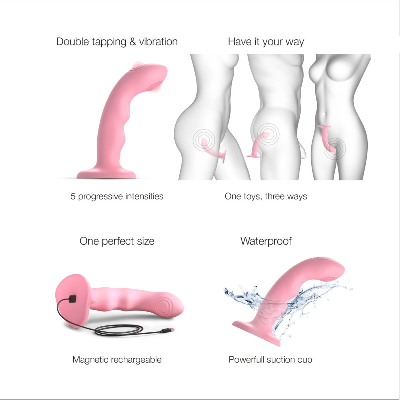 Насадка для страпона с двойной точечной пульсацией Strap-On-Me TAPPING DILDO WAVE – CORAL PINK, М