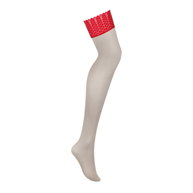 Чулки Obsessive Ingridia stockings M/L, бежевые с красной резинкой