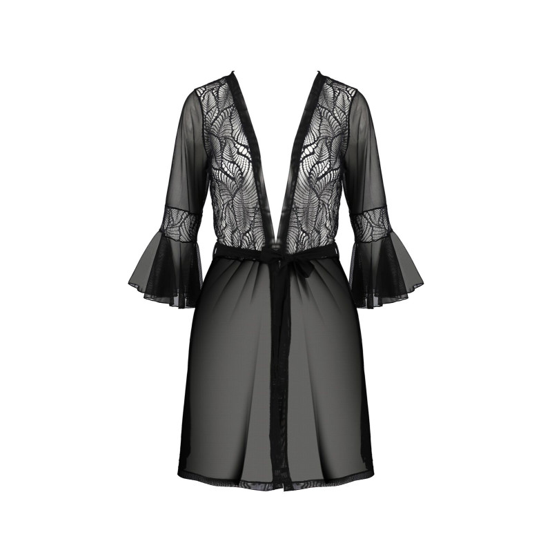 Пеньюар Passion LEAFA PEIGNOIR black, XXL/XXXL, длина чуть выше колена, широкие рукава, завязывается на пояс