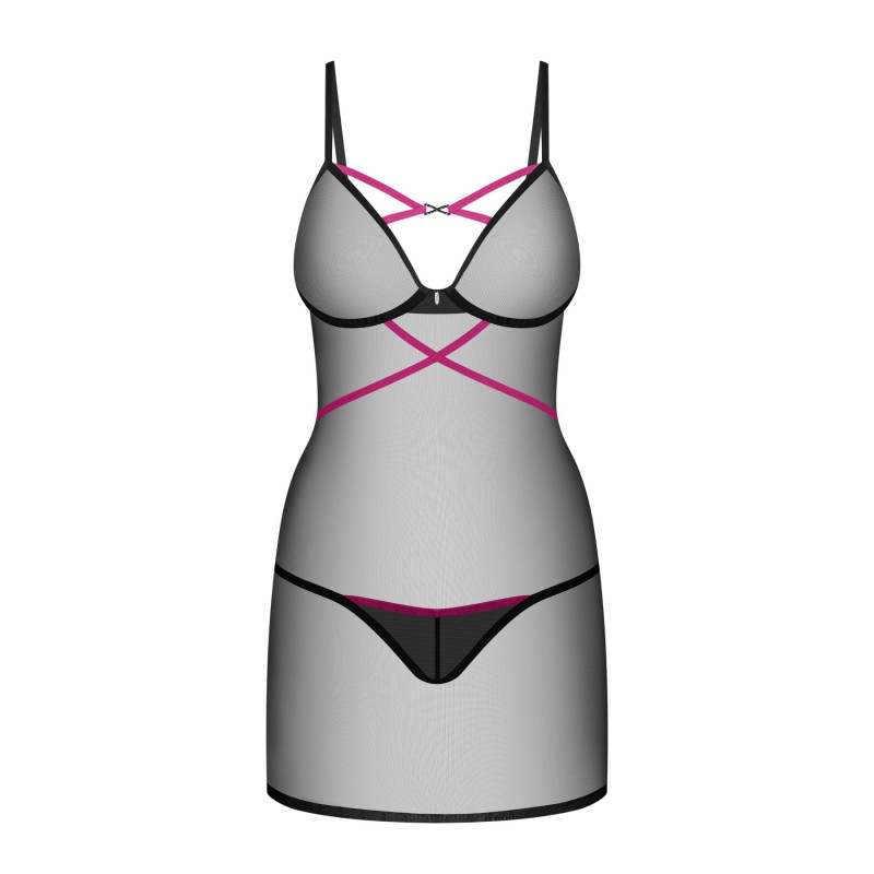 Пеньюар Obsessive Novenes chemise & thong, M/L, облегающий, прозрачный, со стрепами, стринги в компл