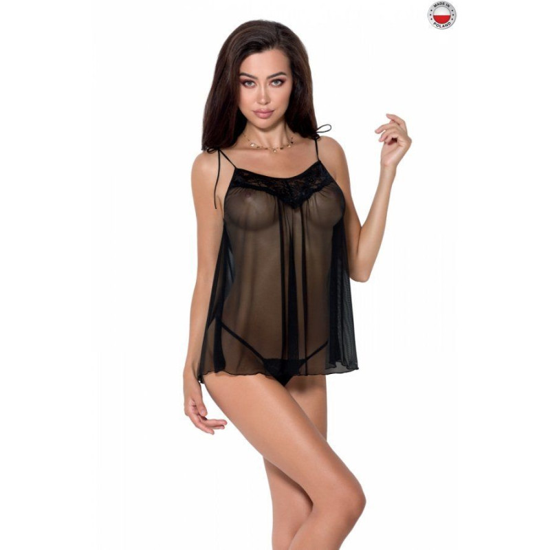 Сорочка прозрачная беби долл Passion MELANIA CHEMISE Черная L/XL