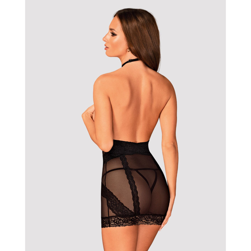 Полупрозрачная рубашка с открытой грудью Obsessive Lacrisia chemise черная XS/S