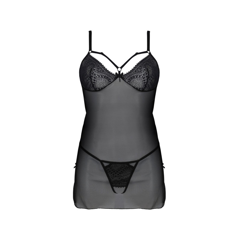 Пеньюар Passion DROSERA CHEMISE black, XXL/XXXL, кружевной лиф со стрепами, трусики в комплекте