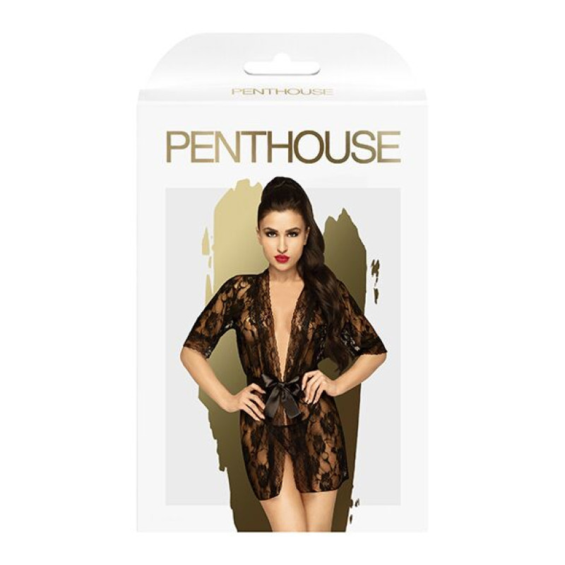 Комплект пеньюар з декором у вигляді троянд та стрінгами Penthouse Sweet Retreat Чорний XL