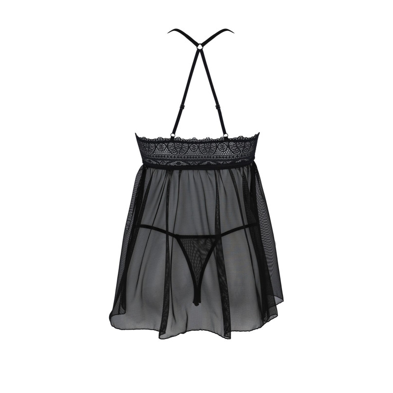 Пеньюар Passion KERRIA CHEMISE black, L/XL, кружевной верх, трусики в комплекте