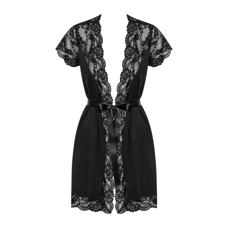 Сатиновый открытый пеньюар на поясе Obsessive 810-PEI–1 peignoir black черный S/M