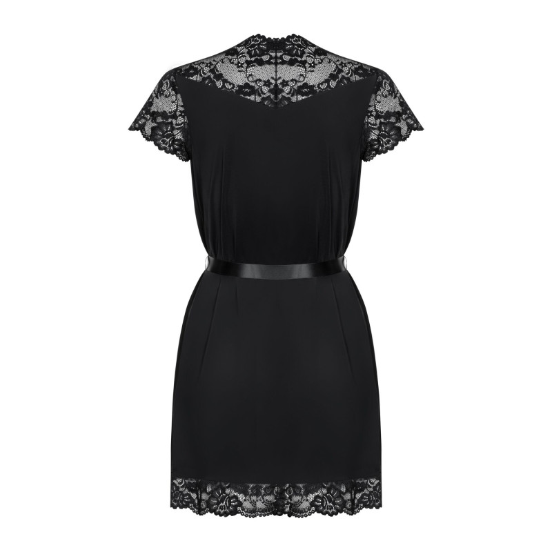 Сатиновый открытый пеньюар на поясе Obsessive 810-PEI–1 peignoir black черный S/M