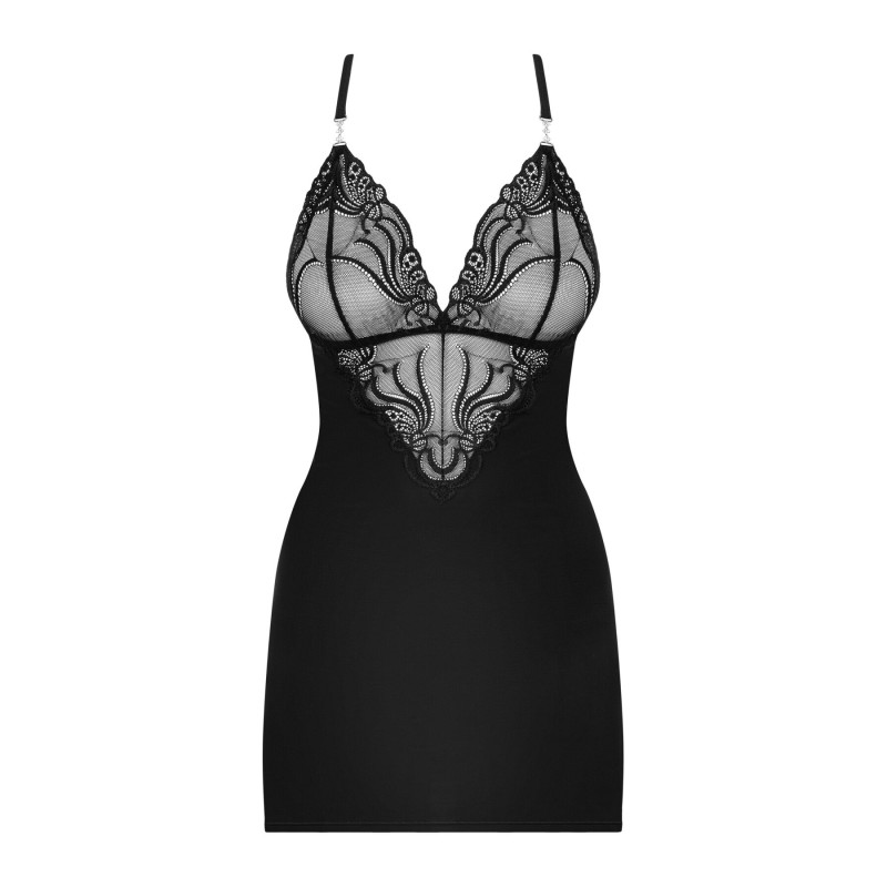 Сатиновый комплект для сна с кружевом Obsessive 828-CHE-1 chemise & thong черный S/M