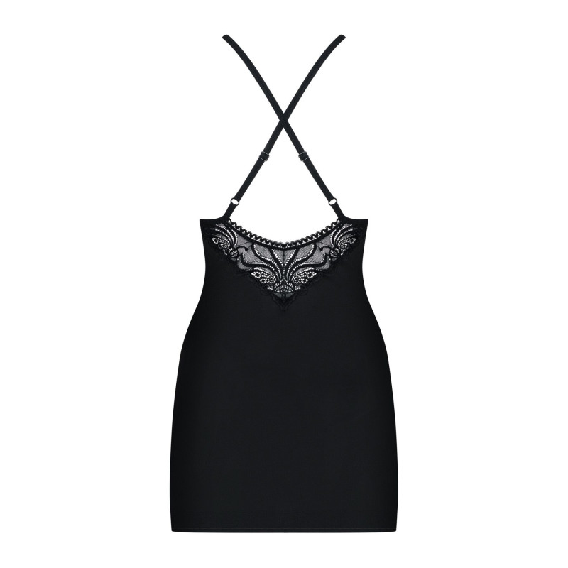 Сатиновый комплект для сна с кружевом Obsessive 828-CHE-1 chemise & thong черный S/M