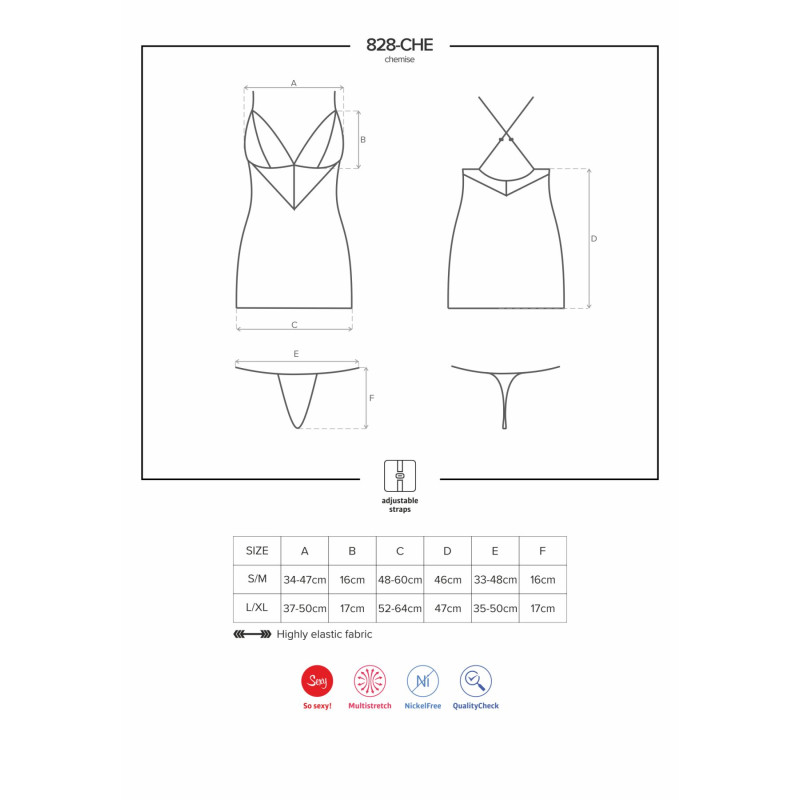 Сатиновый комплект для сна с кружевом Obsessive 828-CHE-1 chemise & thong черный S/M