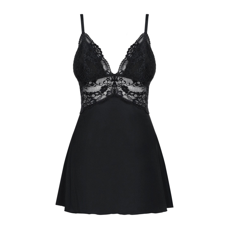Сатиновий пеньюар із мереживом Obsessive 810-BAB-1 babydoll & thong чорний S/M