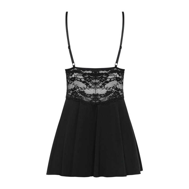 Сатиновий пеньюар із мереживом Obsessive 810-BAB-1 babydoll & thong чорний S/M