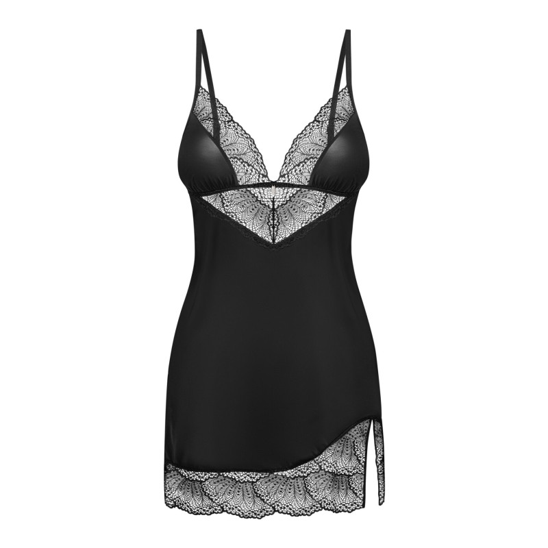 Пеньюар Obsessive Lobellis chemise & thong, XL/2XL, черный, кружевная отделка, стринги в комплекте
