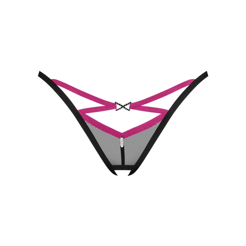 Трусики-стринги Obsessive Novenes crotchless thong, XS/S, сетка, стрепы, украшение со стразами, откр
