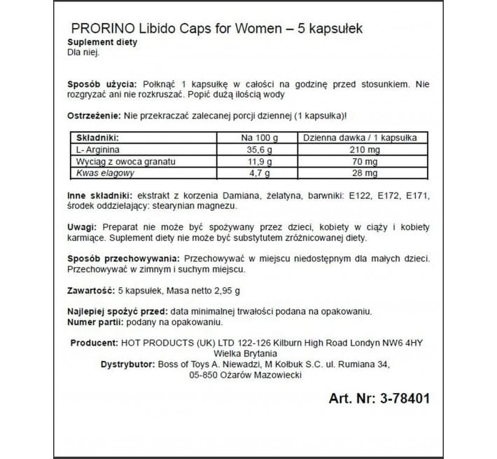 Добавка харчова для жінок Hot ERO PRORINO black line Libido 5 капсул