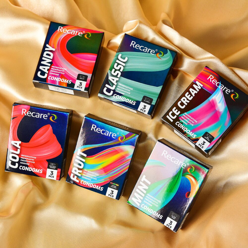 Holographic Recare Fruit Flavour Condoms 3 шт, аромати: м'ята, банан, полуниця