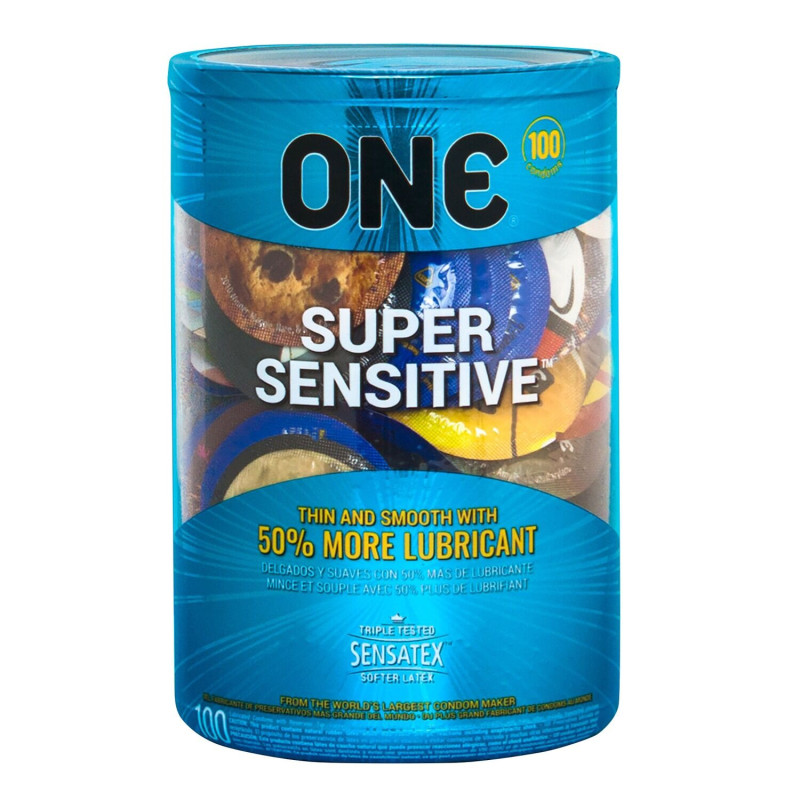 ONE Super Sensitive, 100 шт, гладенькі, з додатковою змазкою, паковання-тубус